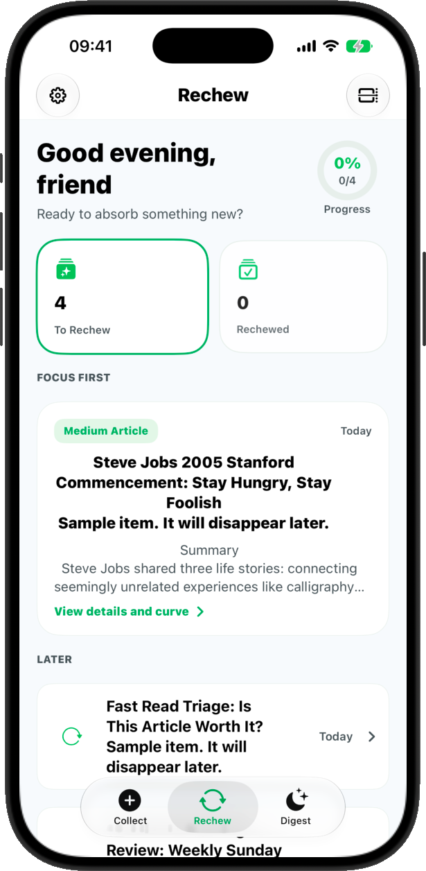 ReChew review queue on iPhone, showing saved information ready to revisit