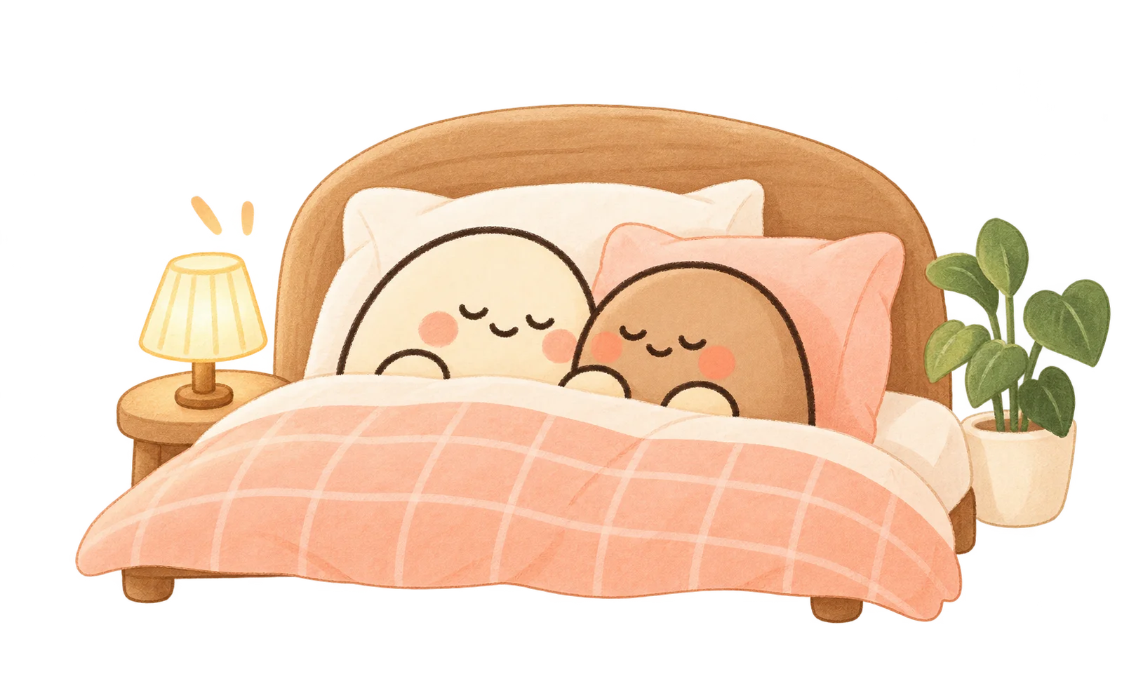 Two bean characters cuddling under a warm blanket